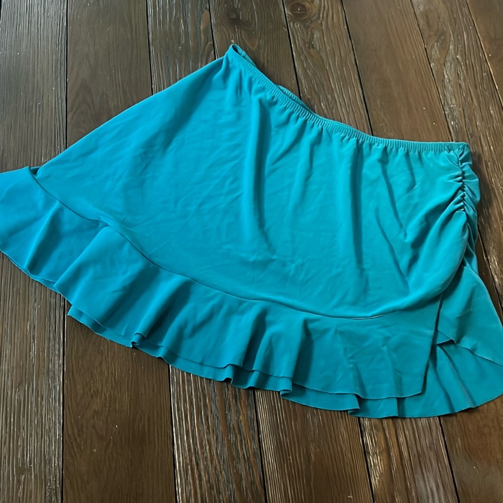 Teal elastic waist rushed side ruffl hem swim cover up